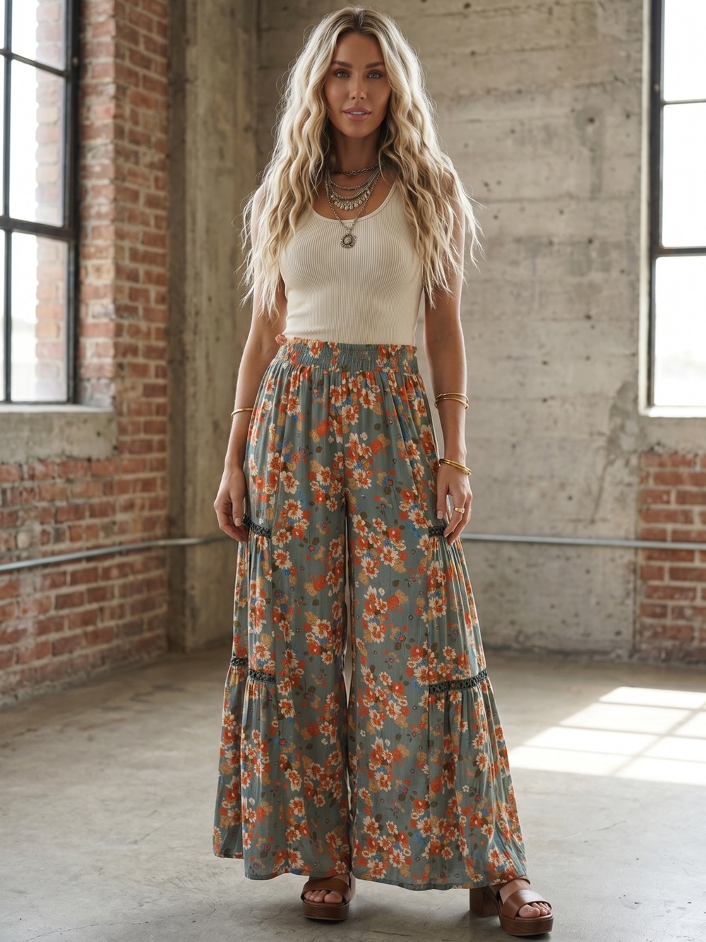 NWT Angie Boho Festival Floral Print Crochet Wide Leg Palazzo Pants - Picture 2 of 5
